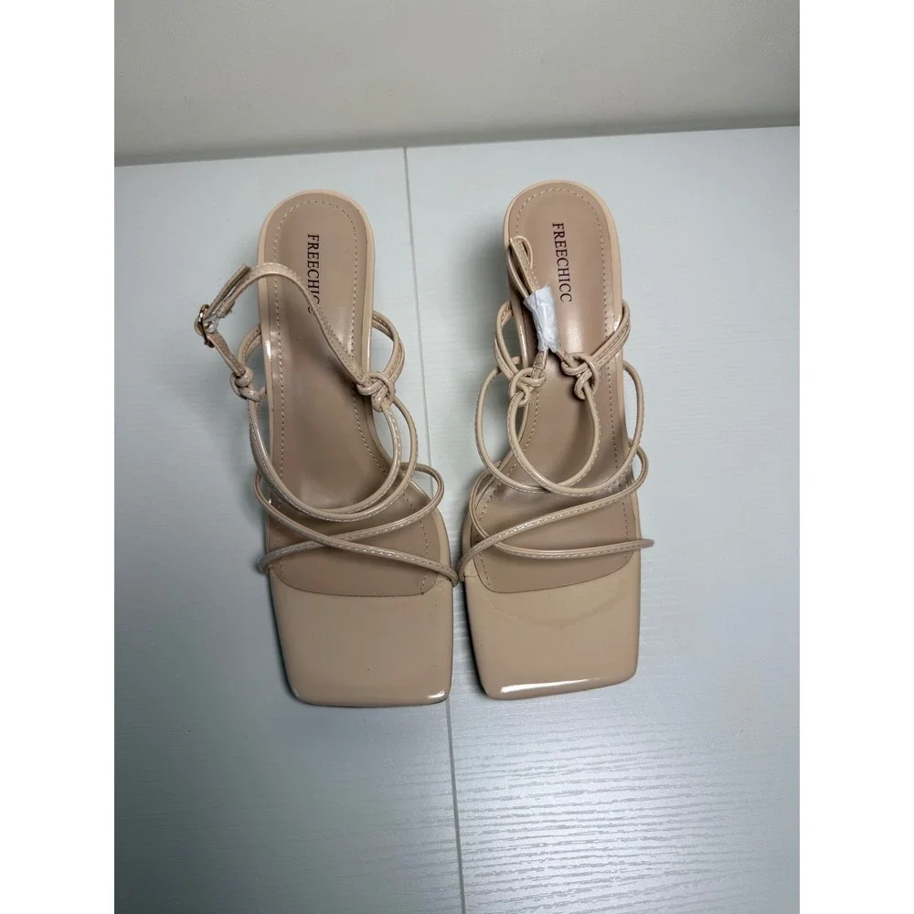 Freechicc Nude Beige Strappy Square Toe Heeled Sandals Size 9 Patent Knotted